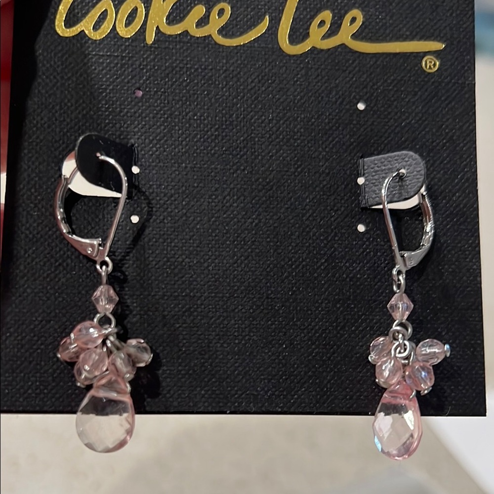 Cookie Lee Pink and Silver Dangle Earrings with Crystal Accents